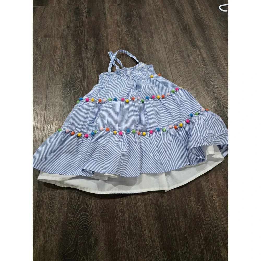 Tommy Bahama Girls 4T Seersucker Tiered Dress Blue White Pom Pom Trim Halter